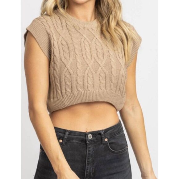 Cable Knit Crop Tank Top Coffee Brown Sleeveless Sweater Vest M - Picture 2 of 6